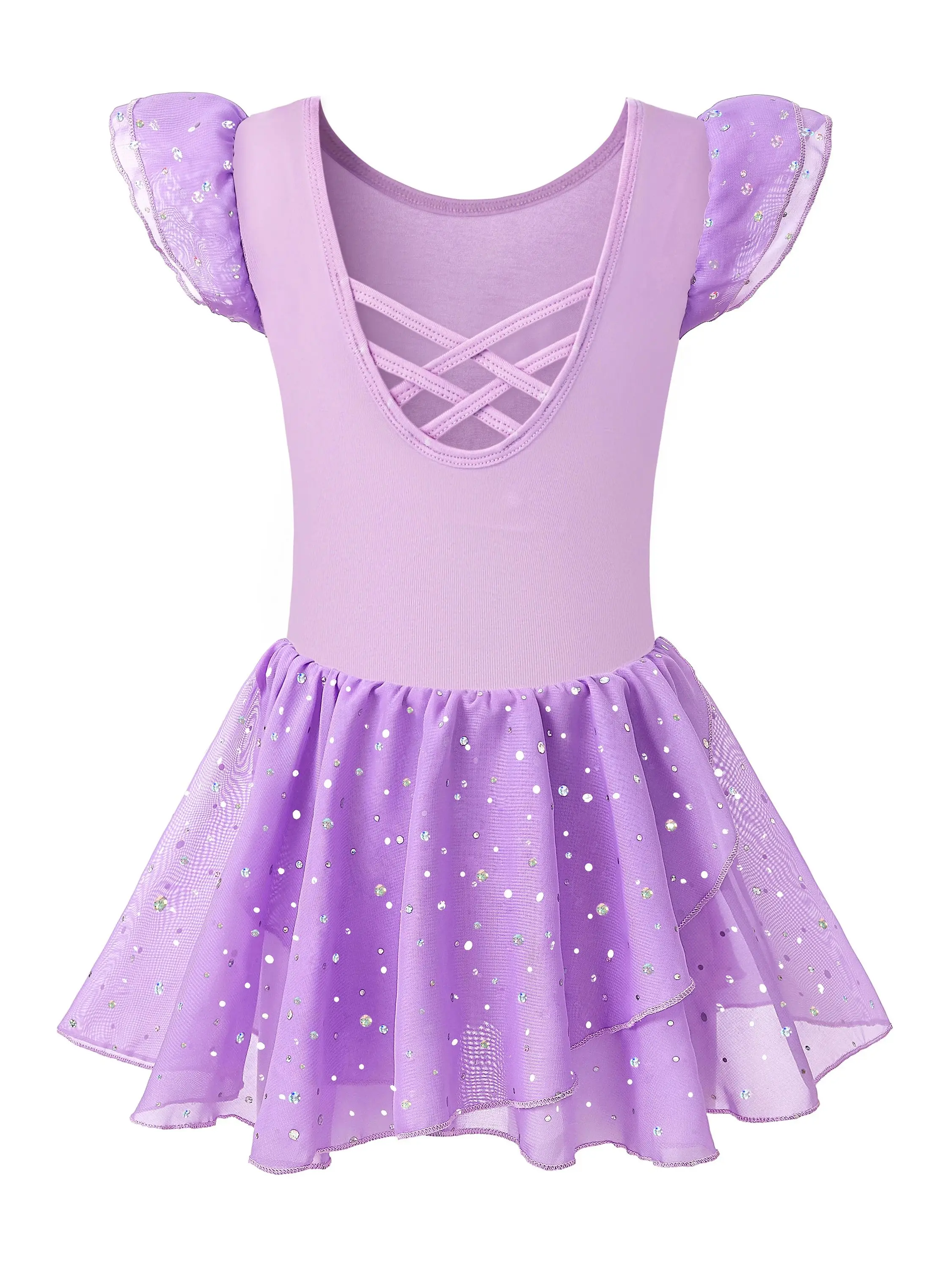 Girls Ballet Leotards for Dance Ruffle Sleeve Ballet Dress Hollow Crisscross Back, Shiny Skirt