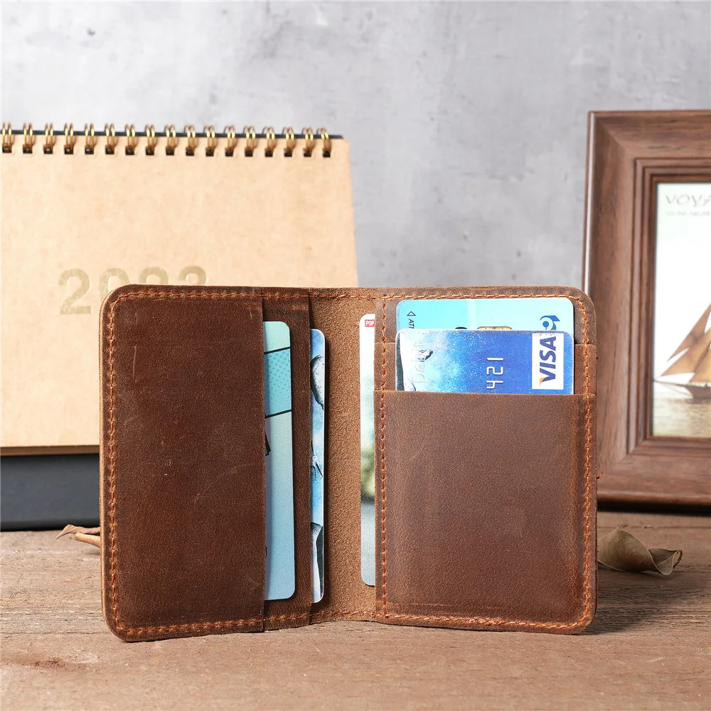 100% Genuine Leather Credit Card Holder Wallet Male Slim Wallet Small Bank ID Card Holders Men Retro Crazy Horse Leather Wallet