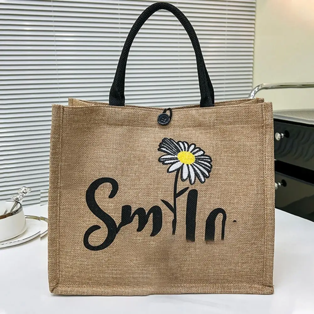 Letter Print Linen Tote Bag Casual Reusable Large Capacity Lunch Bag Top Handle Shopping Bag
