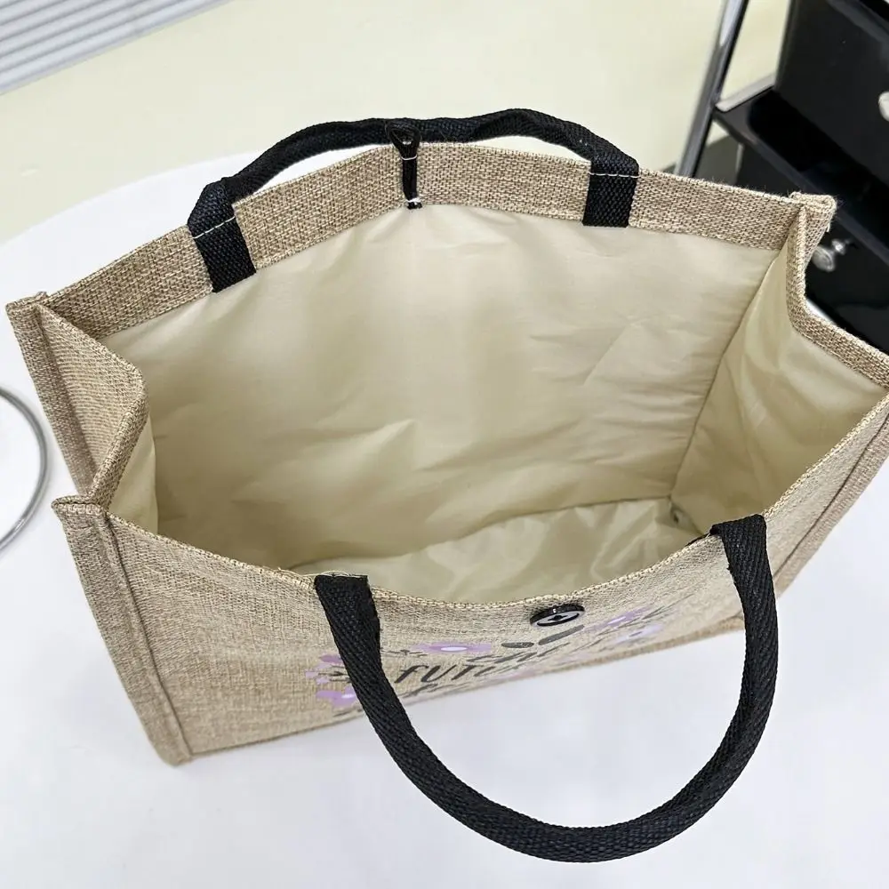 Letter Print Linen Tote Bag Casual Reusable Large Capacity Lunch Bag Top Handle Shopping Bag