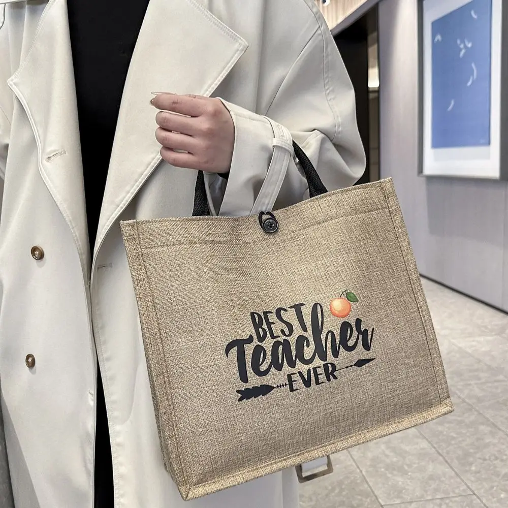 Letter Print Linen Tote Bag Casual Reusable Large Capacity Lunch Bag Top Handle Shopping Bag