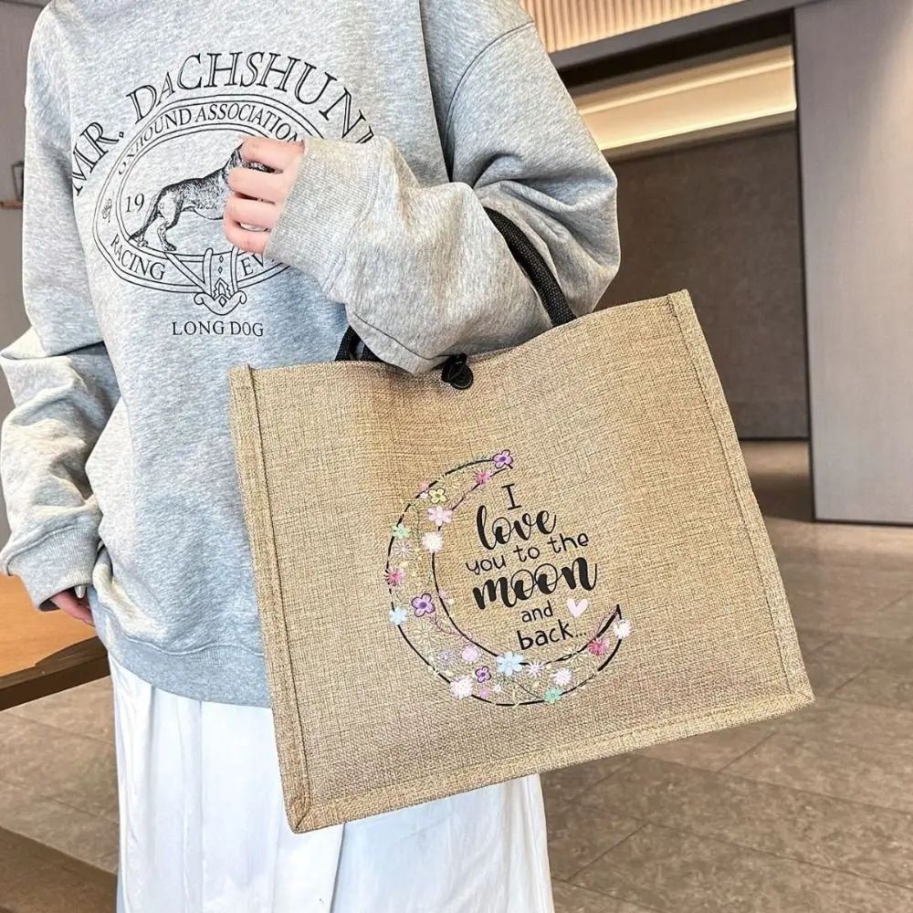Letter Print Linen Tote Bag Casual Reusable Large Capacity Lunch Bag Top Handle Shopping Bag