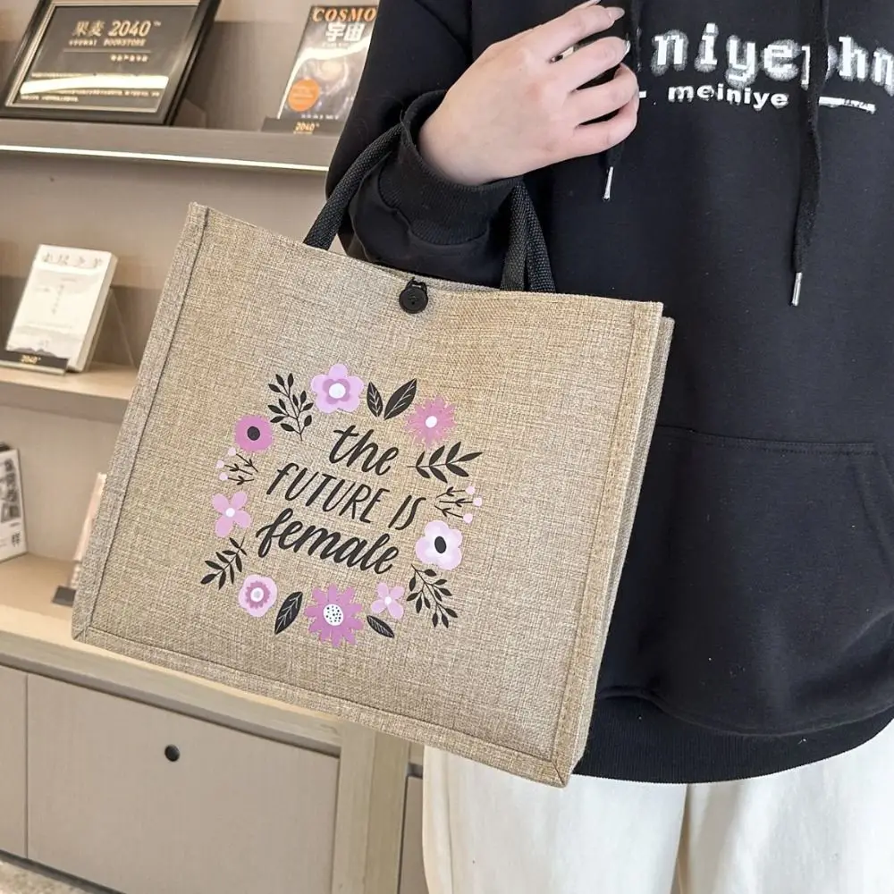 Letter Print Linen Tote Bag Casual Reusable Large Capacity Lunch Bag Top Handle Shopping Bag