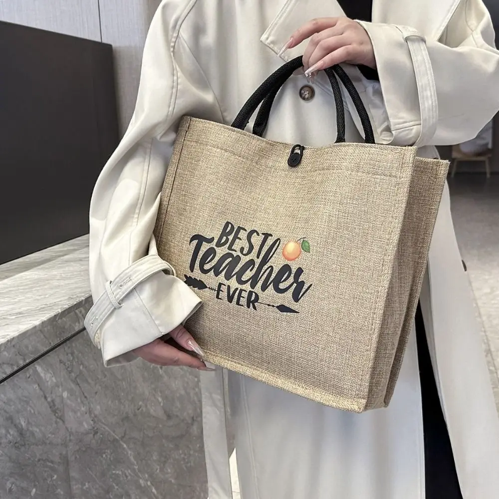 Letter Print Linen Tote Bag Casual Reusable Large Capacity Lunch Bag Top Handle Shopping Bag