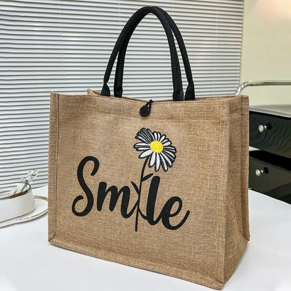 Letter Print Linen Tote Bag Casual Reusable Large Capacity Lunch Bag Top Handle Shopping Bag