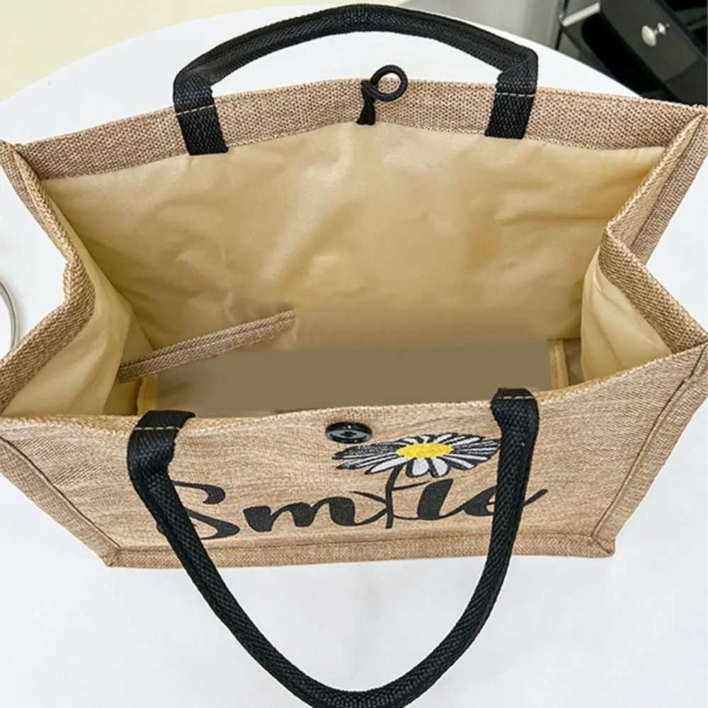Letter Print Linen Tote Bag Casual Reusable Large Capacity Lunch Bag Top Handle Shopping Bag