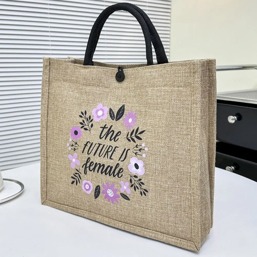 Letter Print Linen Tote Bag Casual Reusable Large Capacity Lunch Bag Top Handle Shopping Bag