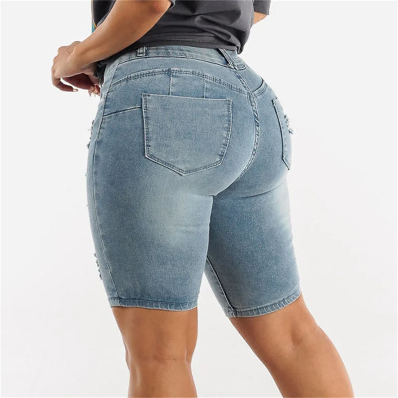 Fashion Slim Sexy Hip Lift Denim Shorts Women Three Buttons Splice High Waist Three Quarter Pants Female Broken Holes Mini Jeans