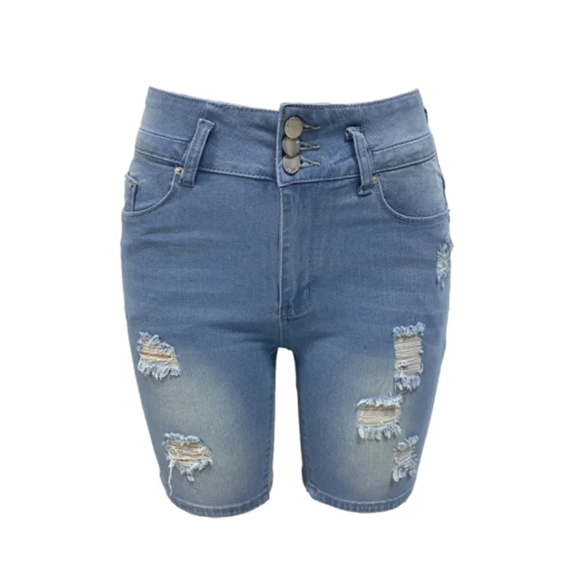 Fashion Slim Sexy Hip Lift Denim Shorts Women Three Buttons Splice High Waist Three Quarter Pants Female Broken Holes Mini Jeans