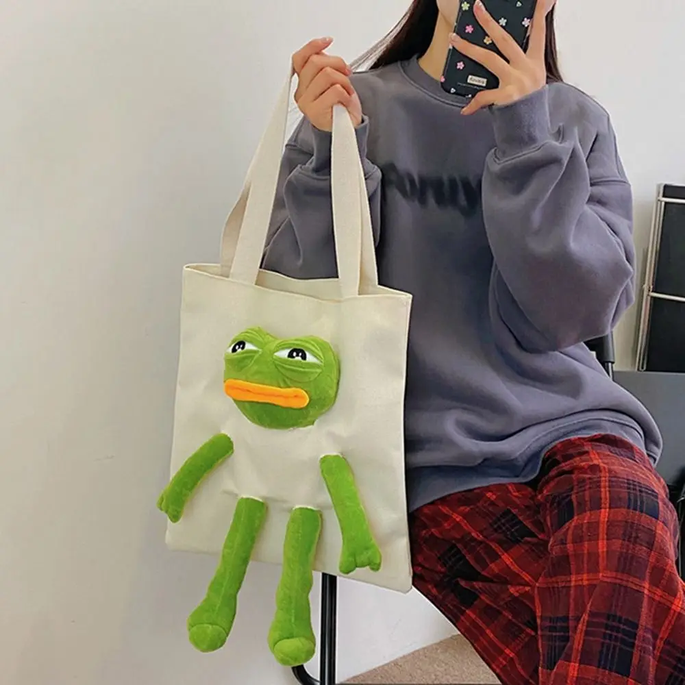 Canvas Shoulder Bags Fashion Anime Cartoon Shopping Bag Stuffed Sad Frog Cute Crossbody Bag Women