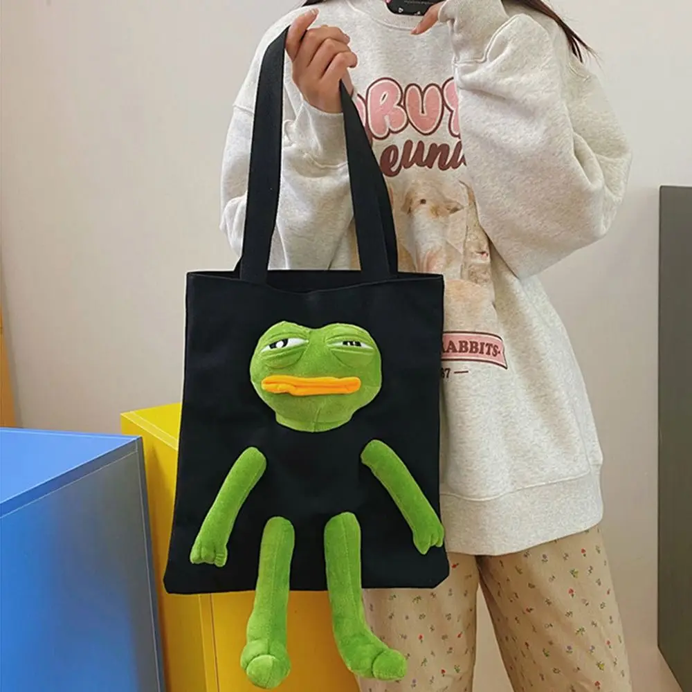 Canvas Shoulder Bags Fashion Anime Cartoon Shopping Bag Stuffed Sad Frog Cute Crossbody Bag Women
