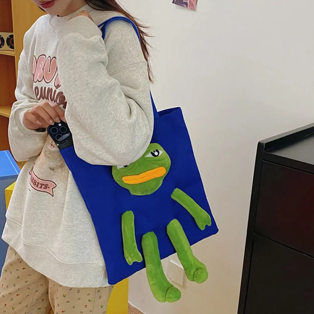Canvas Shoulder Bags Fashion Anime Cartoon Shopping Bag Stuffed Sad Frog Cute Crossbody Bag Women