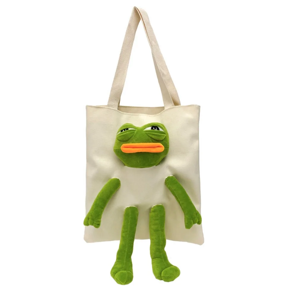 Canvas Shoulder Bags Fashion Anime Cartoon Shopping Bag Stuffed Sad Frog Cute Crossbody Bag Women