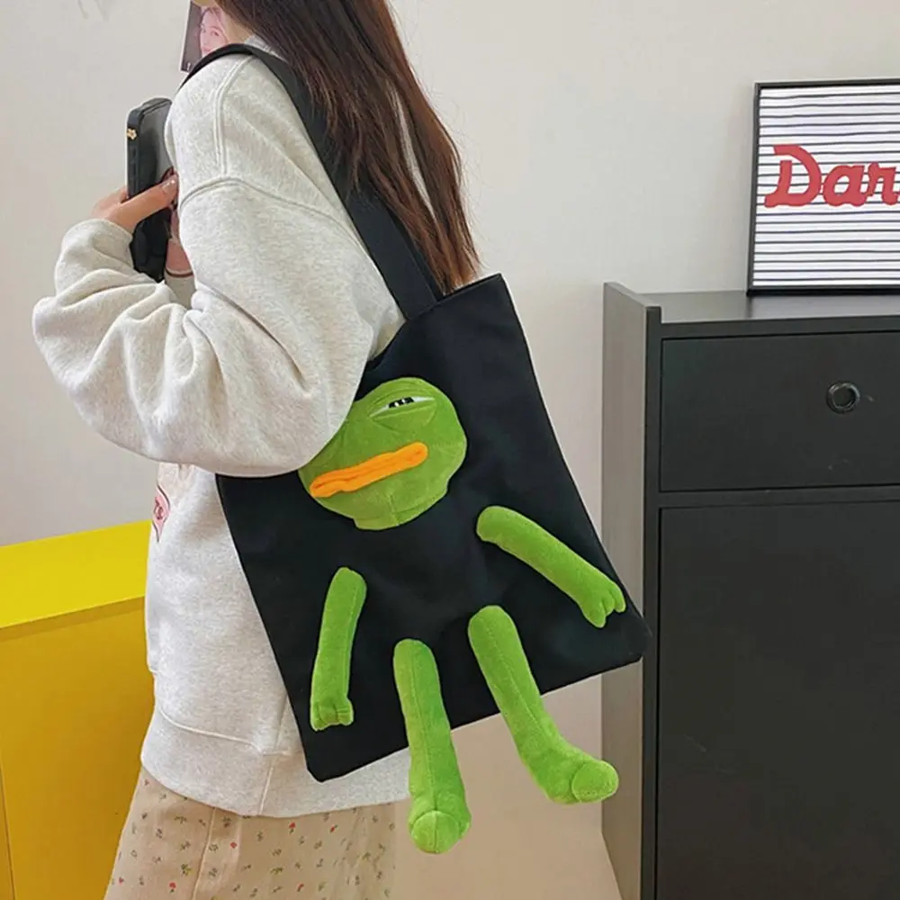 Canvas Shoulder Bags Fashion Anime Cartoon Shopping Bag Stuffed Sad Frog Cute Crossbody Bag Women