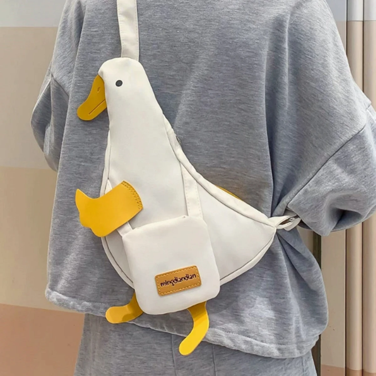 Beige and White New Cute Duck Shape Canvas Bag Student Chest Bag Shoulder Bag Trend Funny Cartoon Crossbody Bag 1 Outfit