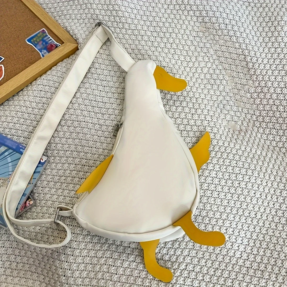 Beige and White New Cute Duck Shape Canvas Bag Student Chest Bag Shoulder Bag Trend Funny Cartoon Crossbody Bag 1 Outfit