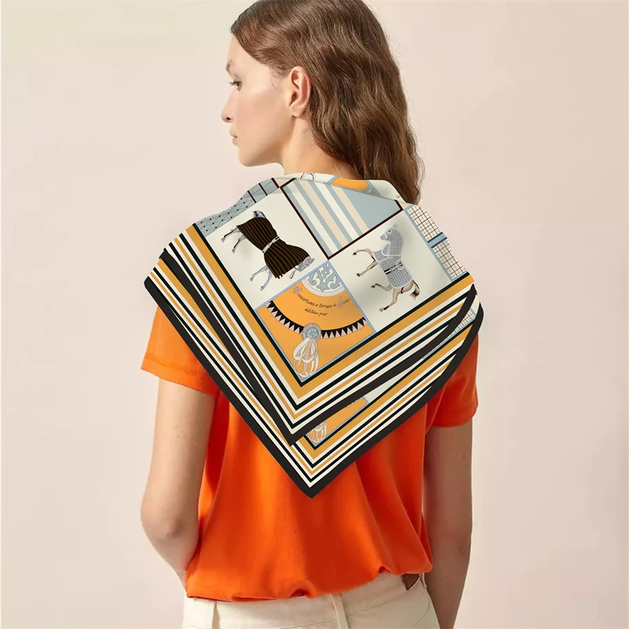 90cm Classic Checkered Horse Brand Square Scarf Women Twill Silk Scarf Shawl Hijab Luxury Bandana Foulard Neckerchief Head Scarf