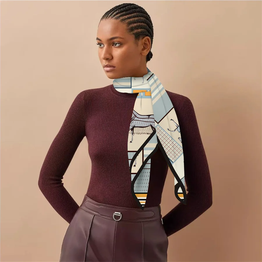 90cm Classic Checkered Horse Brand Square Scarf Women Twill Silk Scarf Shawl Hijab Luxury Bandana Foulard Neckerchief Head Scarf