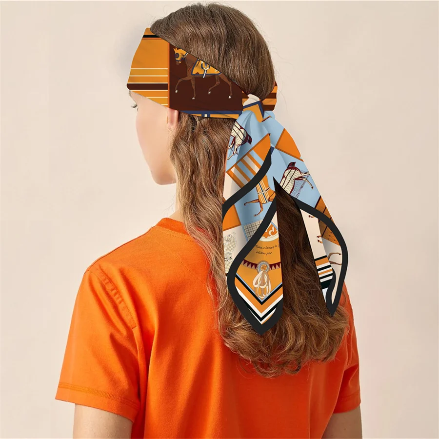90cm Classic Checkered Horse Brand Square Scarf Women Twill Silk Scarf Shawl Hijab Luxury Bandana Foulard Neckerchief Head Scarf