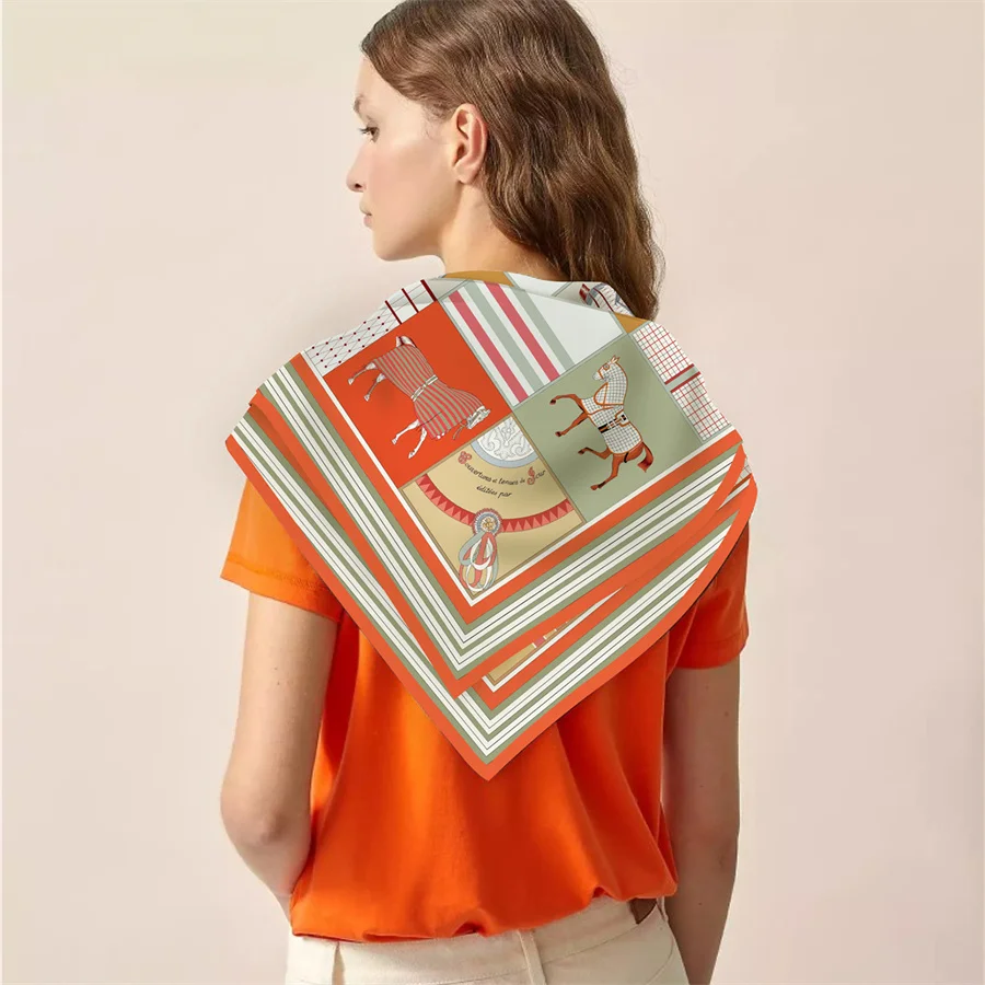 90cm Classic Checkered Horse Brand Square Scarf Women Twill Silk Scarf Shawl Hijab Luxury Bandana Foulard Neckerchief Head Scarf