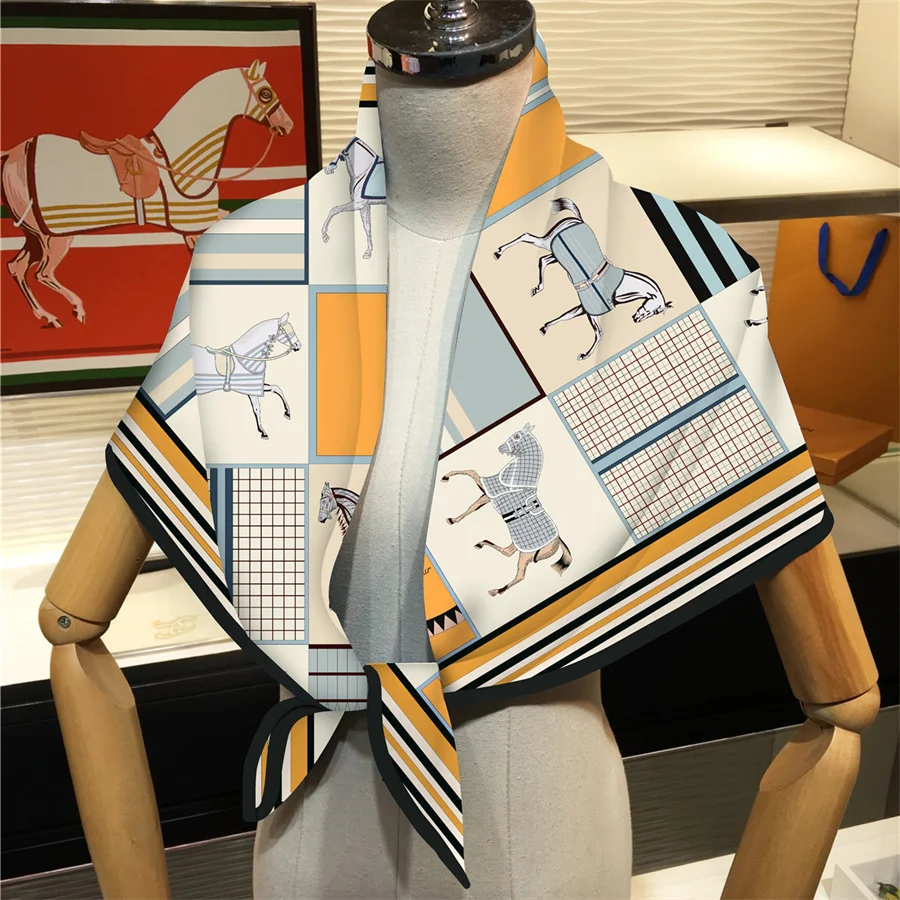 90cm Classic Checkered Horse Brand Square Scarf Women Twill Silk Scarf Shawl Hijab Luxury Bandana Foulard Neckerchief Head Scarf