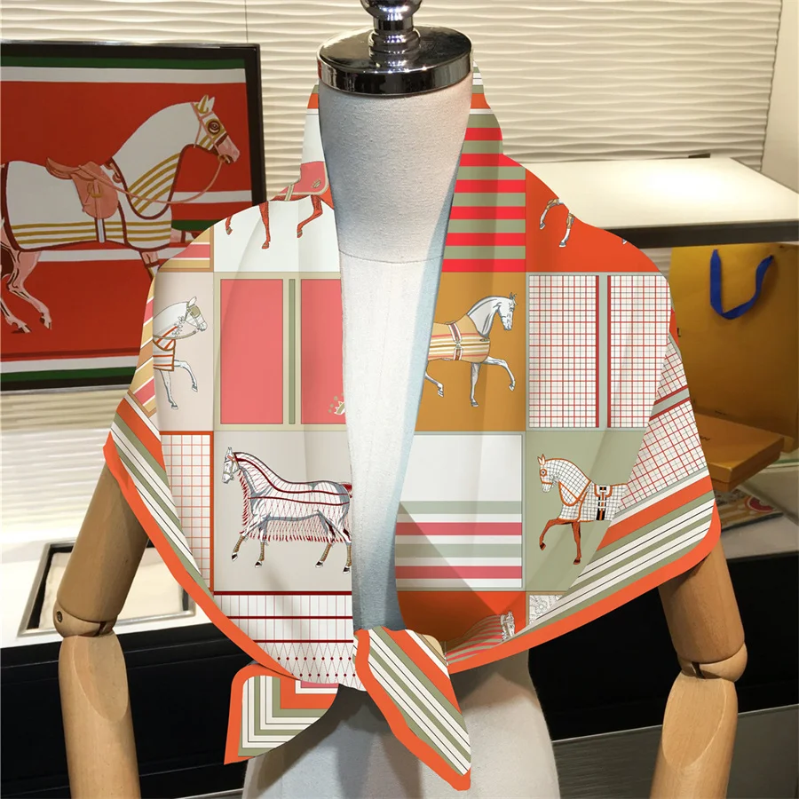 90cm Classic Checkered Horse Brand Square Scarf Women Twill Silk Scarf Shawl Hijab Luxury Bandana Foulard Neckerchief Head Scarf