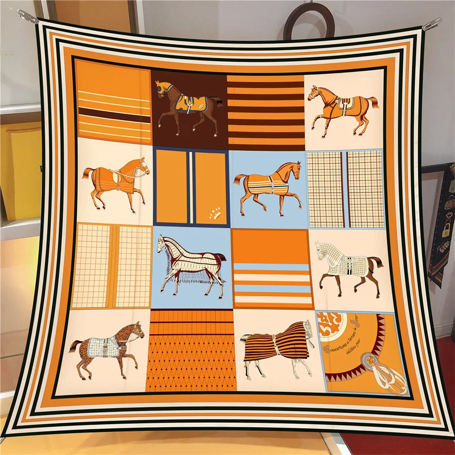 90cm Classic Checkered Horse Brand Square Scarf Women Twill Silk Scarf Shawl Hijab Luxury Bandana Foulard Neckerchief Head Scarf