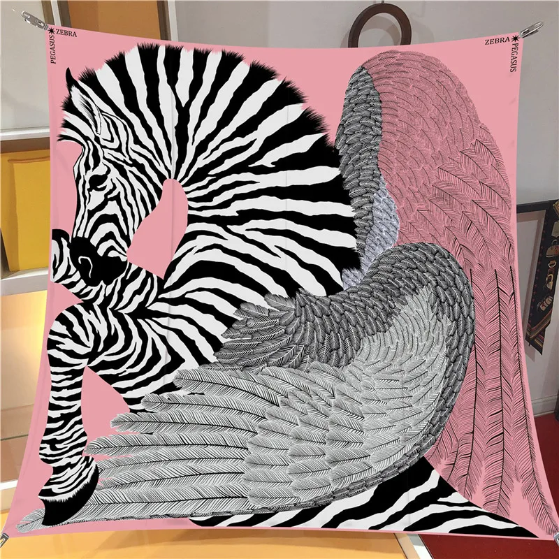 90cm Classic Checkered Horse Brand Square Scarf Women Twill Silk Scarf Shawl Hijab Luxury Bandana Foulard Neckerchief Head Scarf