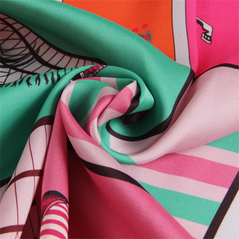 90cm Classic Checkered Horse Brand Square Scarf Women Twill Silk Scarf Shawl Hijab Luxury Bandana Foulard Neckerchief Head Scarf