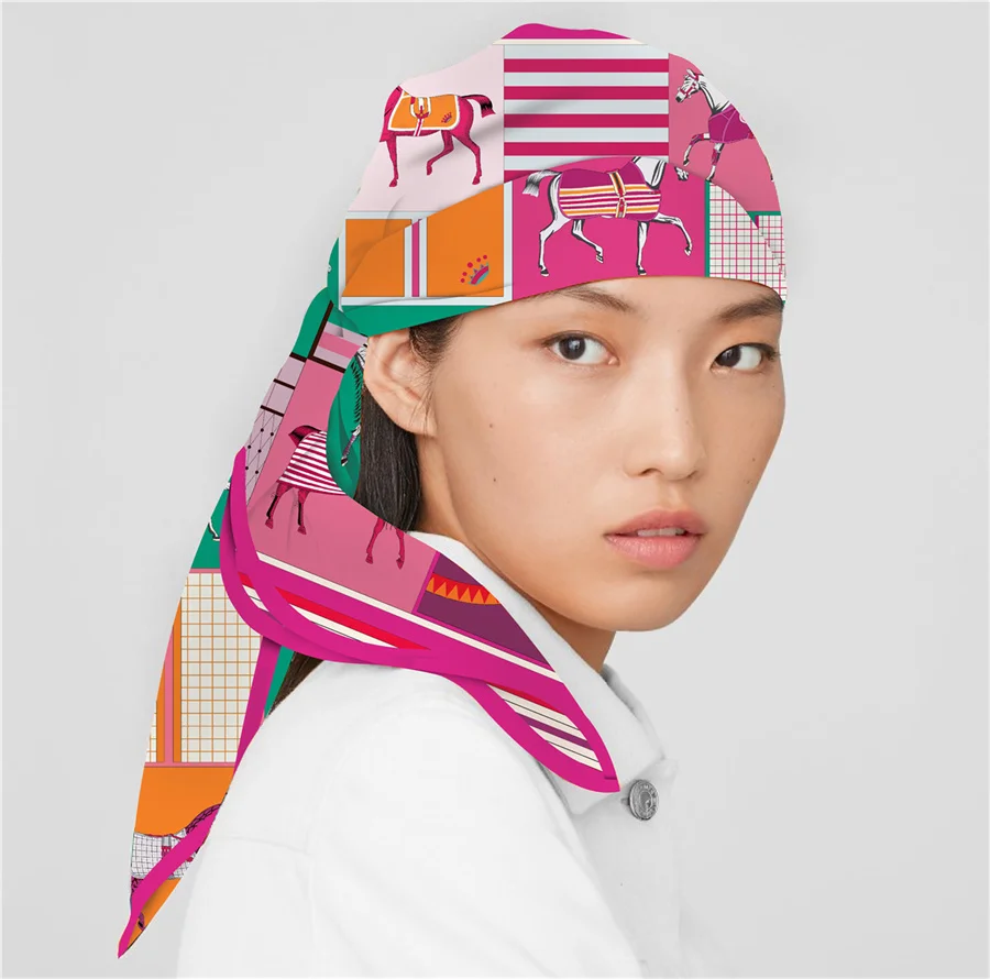 90cm Classic Checkered Horse Brand Square Scarf Women Twill Silk Scarf Shawl Hijab Luxury Bandana Foulard Neckerchief Head Scarf