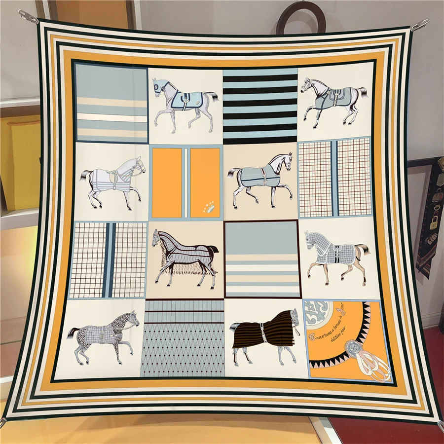 90cm Classic Checkered Horse Brand Square Scarf Women Twill Silk Scarf Shawl Hijab Luxury Bandana Foulard Neckerchief Head Scarf