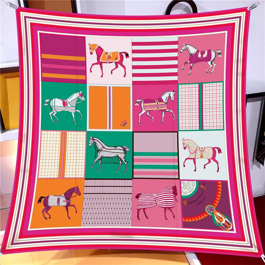 90cm Classic Checkered Horse Brand Square Scarf Women Twill Silk Scarf Shawl Hijab Luxury Bandana Foulard Neckerchief Head Scarf