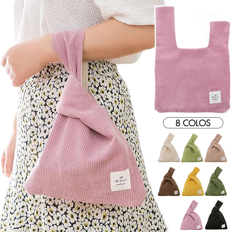 NamcheBarwa Japanese Mini Knot Wrist Bag Corduroy Women Top Handle Bag Simple Purses Handbags Simple Shopping Bag Phone Key Bag