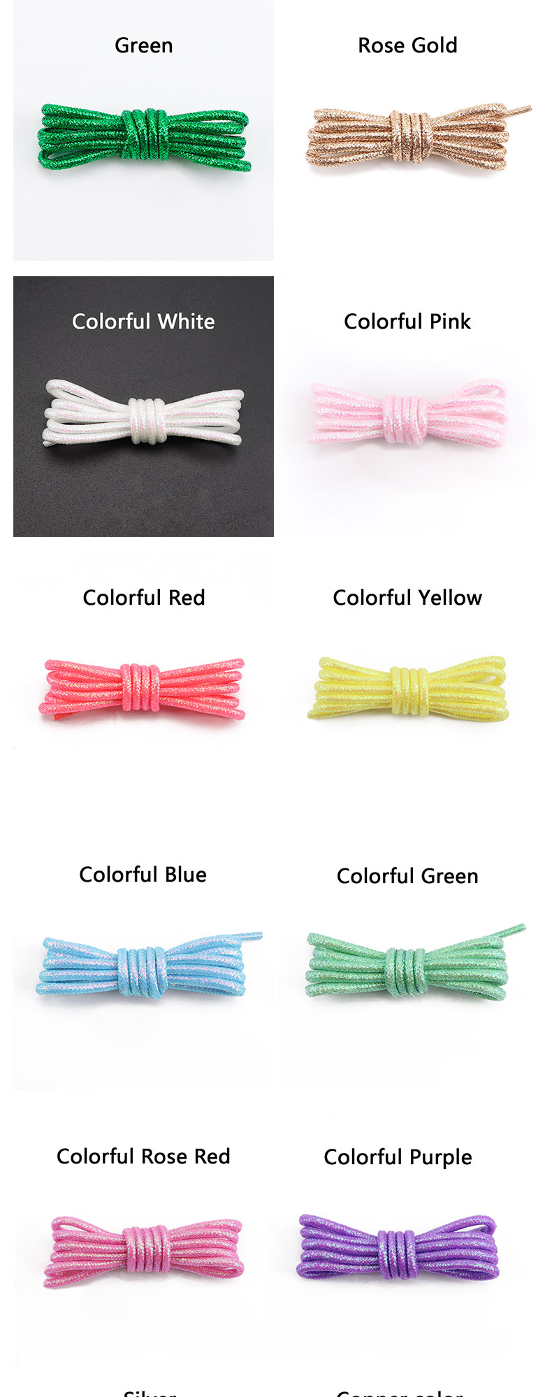 Round Glitter Shoelaces of Sneaker Trendy Bright White Colorful Lurex Shoelaces White Casual Sports Leather Running Shoes Laces