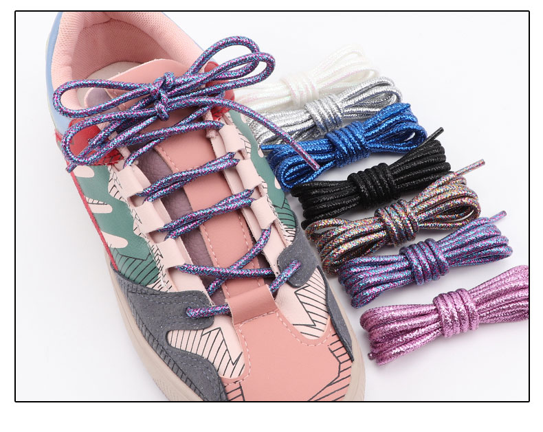 Round Glitter Shoelaces of Sneaker Trendy Bright White Colorful Lurex Shoelaces White Casual Sports Leather Running Shoes Laces