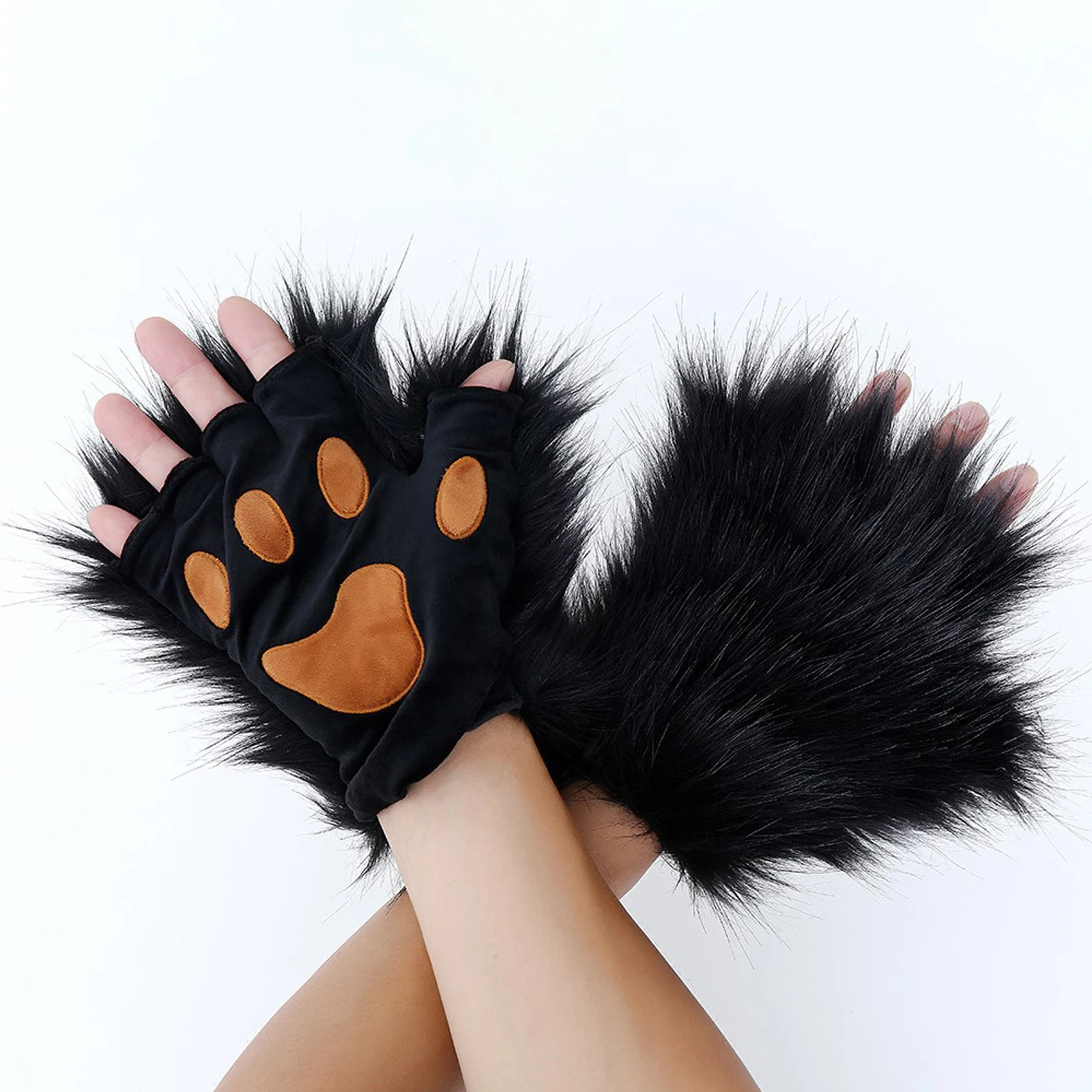 Wolf Paw Gloves Faux Fur Cat Fingerless Mittens Winter Warm Cosplay Halloween Fancy Party Costume Accessories
