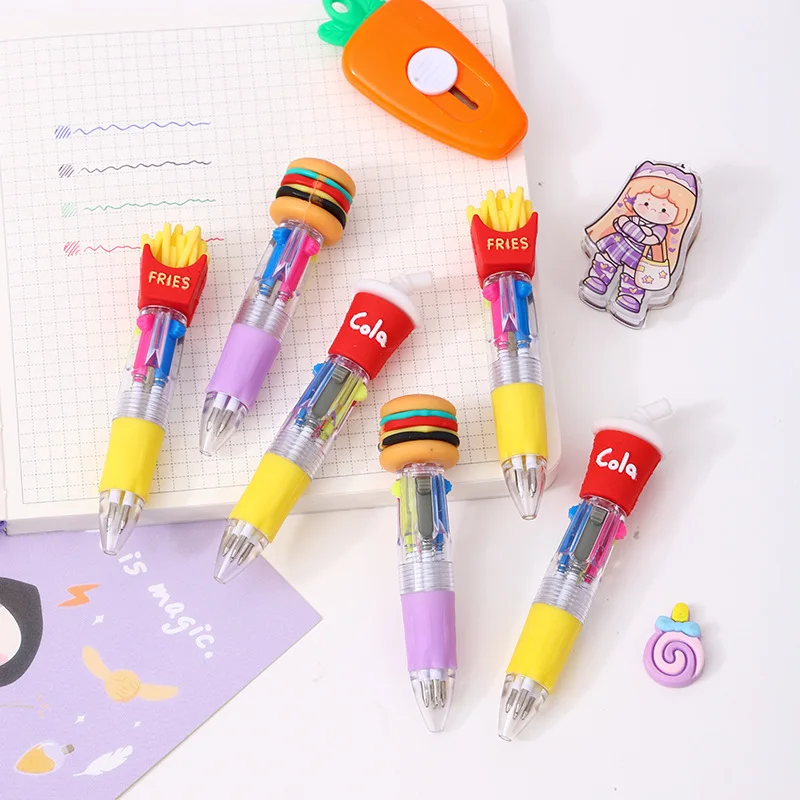 10Pcs/Lot Cute Hamburg French Fries Mini Four Color Ballpoint Pen Cartoon Food Pizza Cola 4 Color Pens School Office Supplies