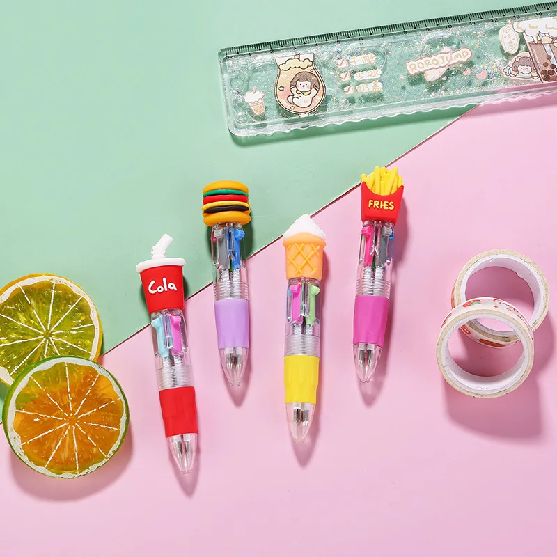 10Pcs/Lot Cute Hamburg French Fries Mini Four Color Ballpoint Pen Cartoon Food Pizza Cola 4 Color Pens School Office Supplies