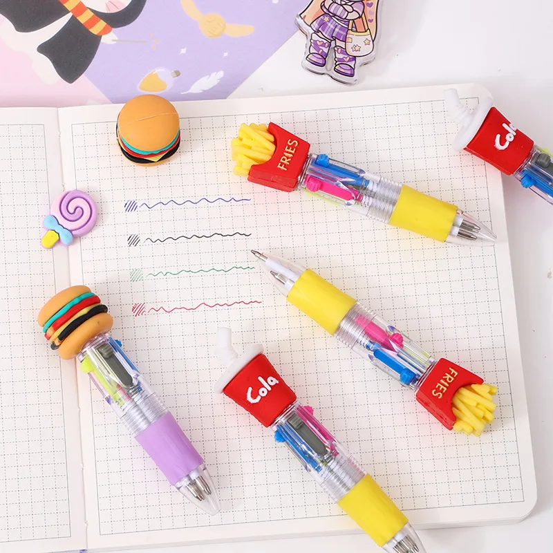 10Pcs/Lot Cute Hamburg French Fries Mini Four Color Ballpoint Pen Cartoon Food Pizza Cola 4 Color Pens School Office Supplies