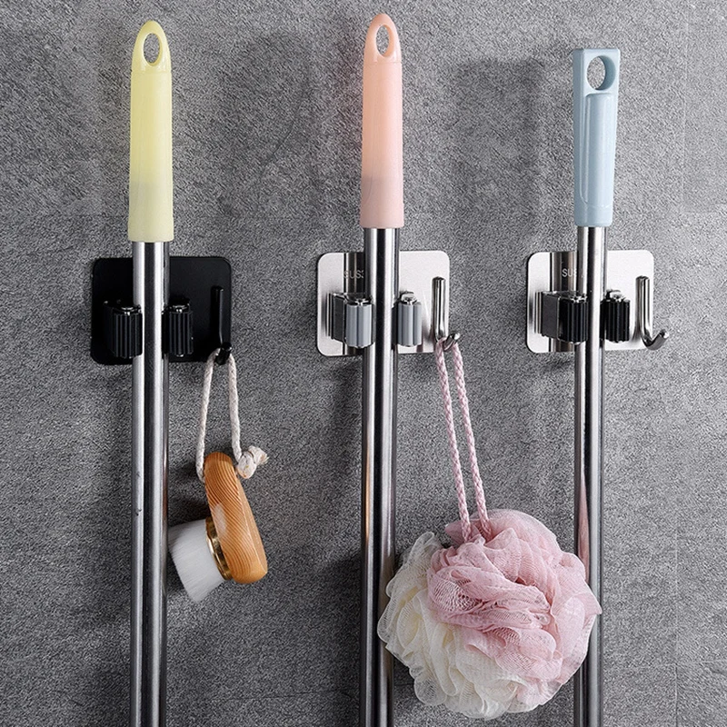 Multi-Purpose Hooks Adhesive Wall Hanging Mop Rack Broom Hanger Hook Kitchen Bathroom Organization Home Organizer Accessories 