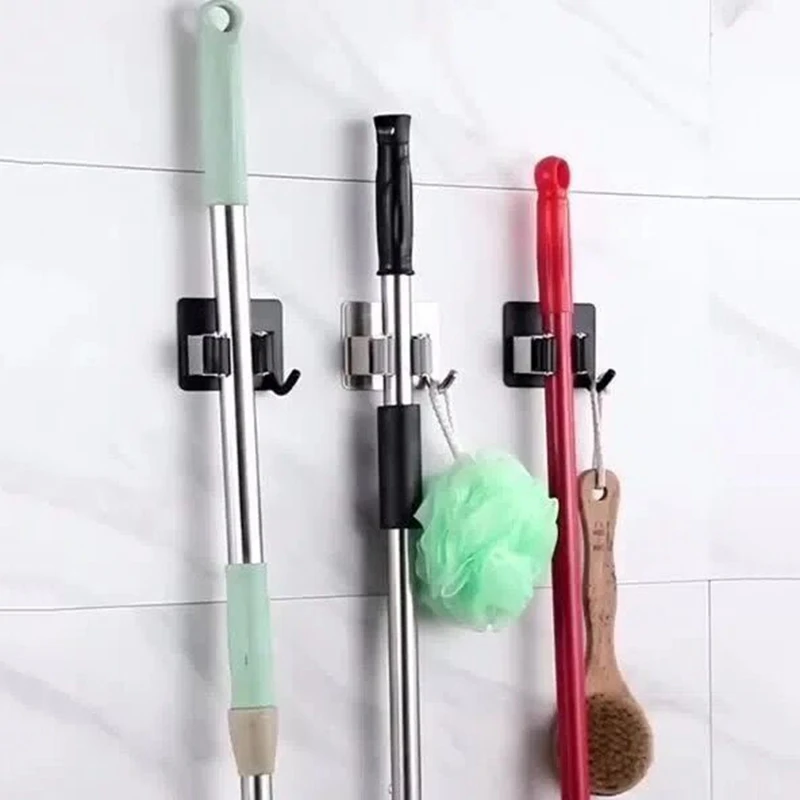 Multi-Purpose Hooks Adhesive Wall Hanging Mop Rack Broom Hanger Hook Kitchen Bathroom Organization Home Organizer Accessories 