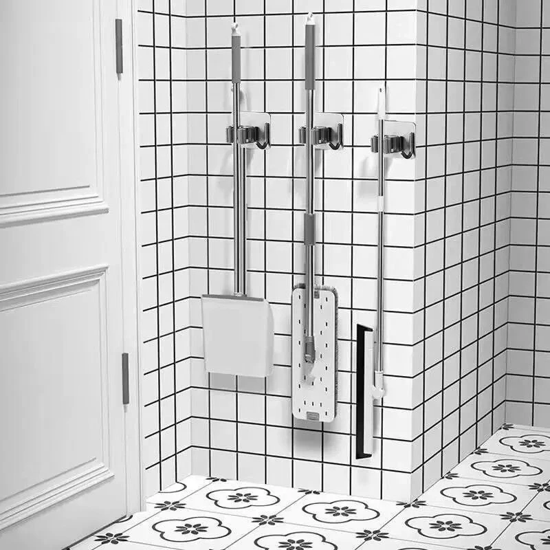 Multi-Purpose Hooks Adhesive Wall Hanging Mop Rack Broom Hanger Hook Kitchen Bathroom Organization Home Organizer Accessories 
