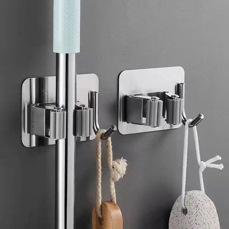 Multi-Purpose Hooks Adhesive Wall Hanging Mop Rack Broom Hanger Hook Kitchen Bathroom Organization Home Organizer Accessories 