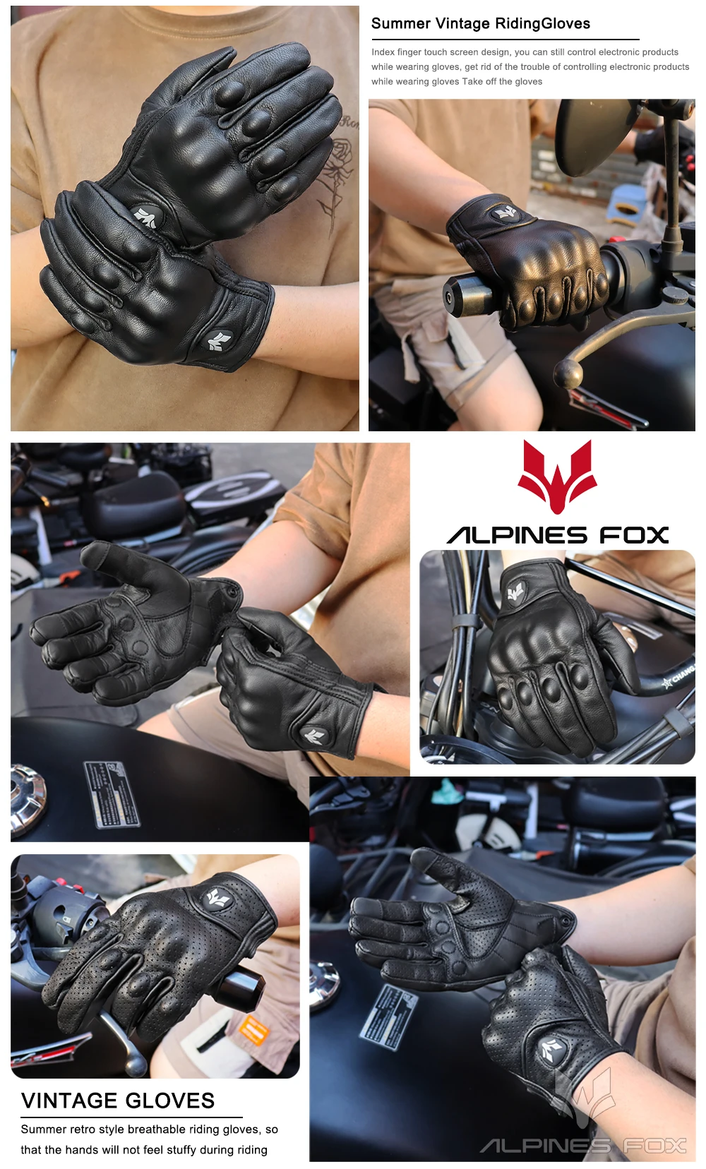 2023 Summer New Vintage Leather Motorcycle Gloves Men Black Wear-resistant Guantes Touchscreen Anti-slip Retro Motobiker Luvas