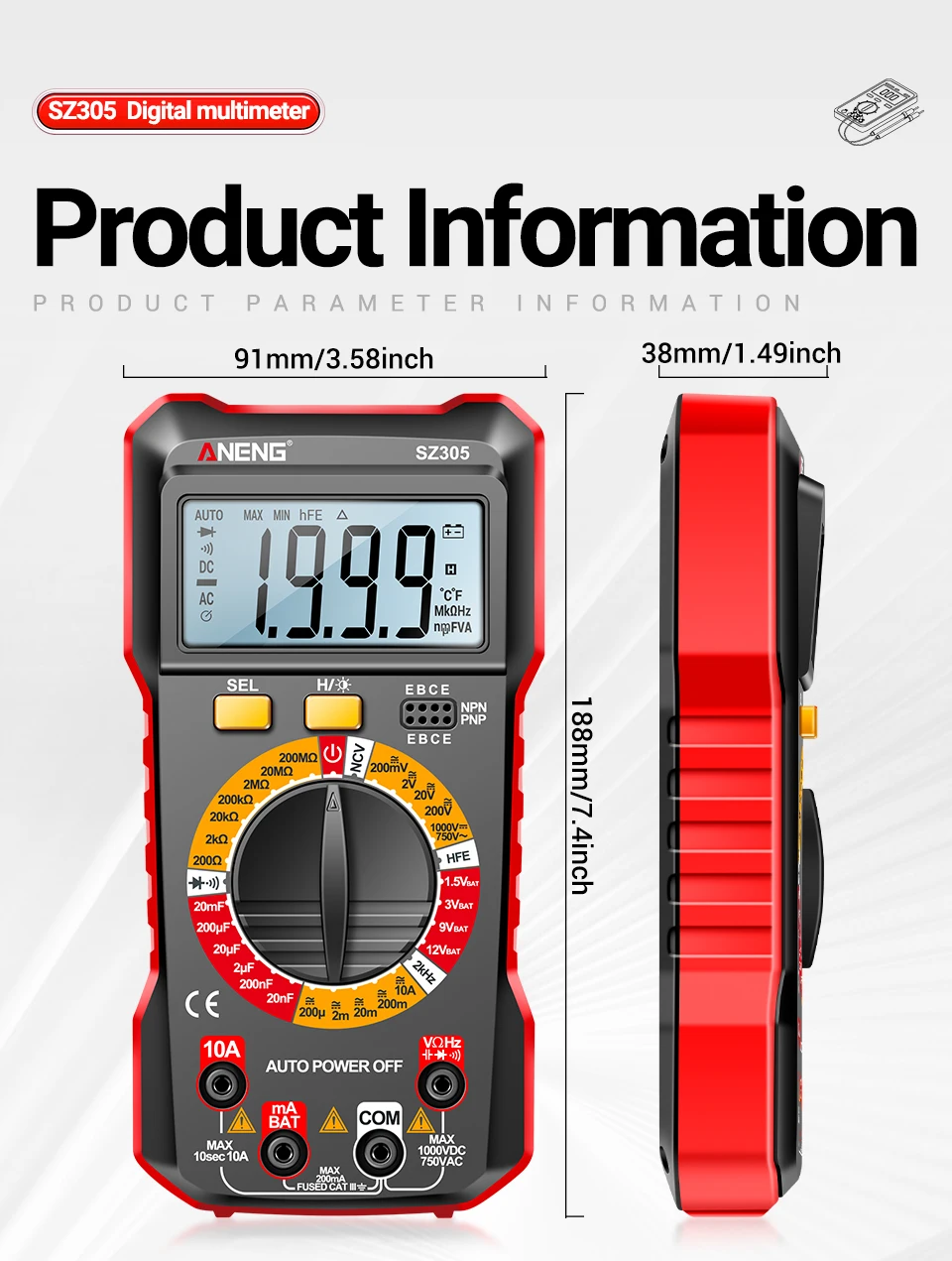 ANENG SZ305 Digital Multimeter Professional AC/DC Voltage Ammeter Capacitor HFE Triode NCV Voltage Induction Electrician Tester