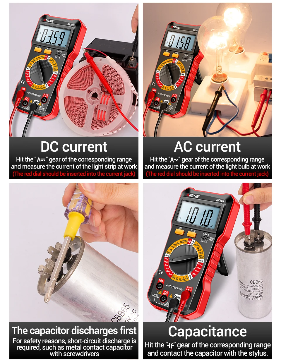ANENG SZ305 Digital Multimeter Professional AC/DC Voltage Ammeter Capacitor HFE Triode NCV Voltage Induction Electrician Tester