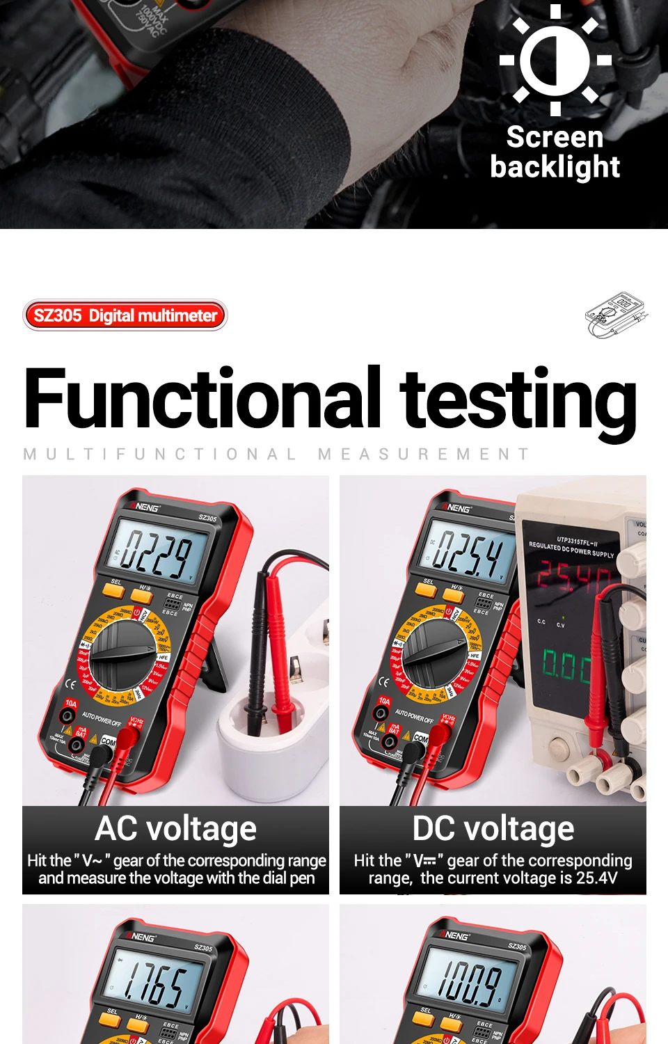 ANENG SZ305 Digital Multimeter Professional AC/DC Voltage Ammeter Capacitor HFE Triode NCV Voltage Induction Electrician Tester