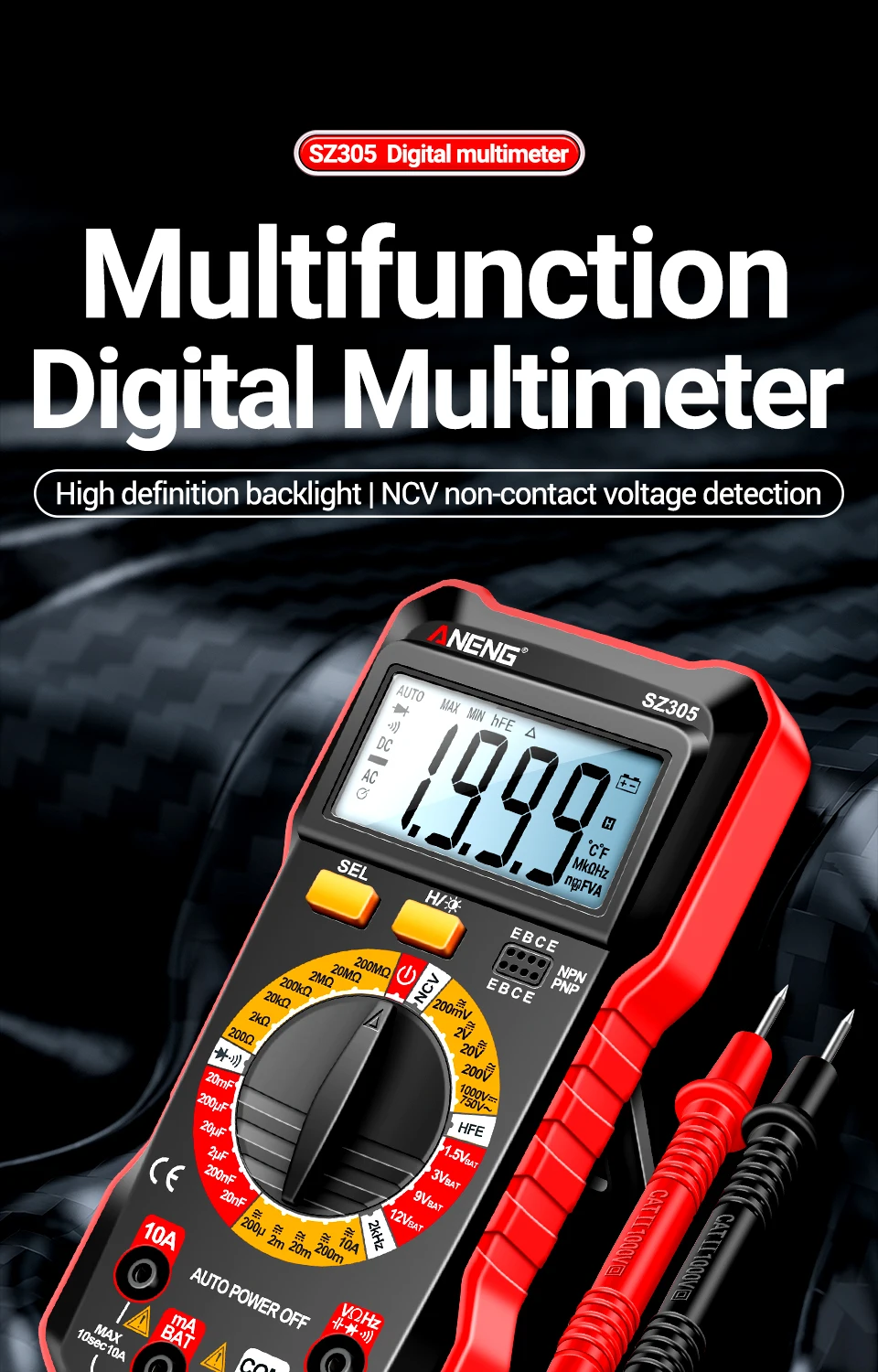 ANENG SZ305 Digital Multimeter Professional AC/DC Voltage Ammeter Capacitor HFE Triode NCV Voltage Induction Electrician Tester
