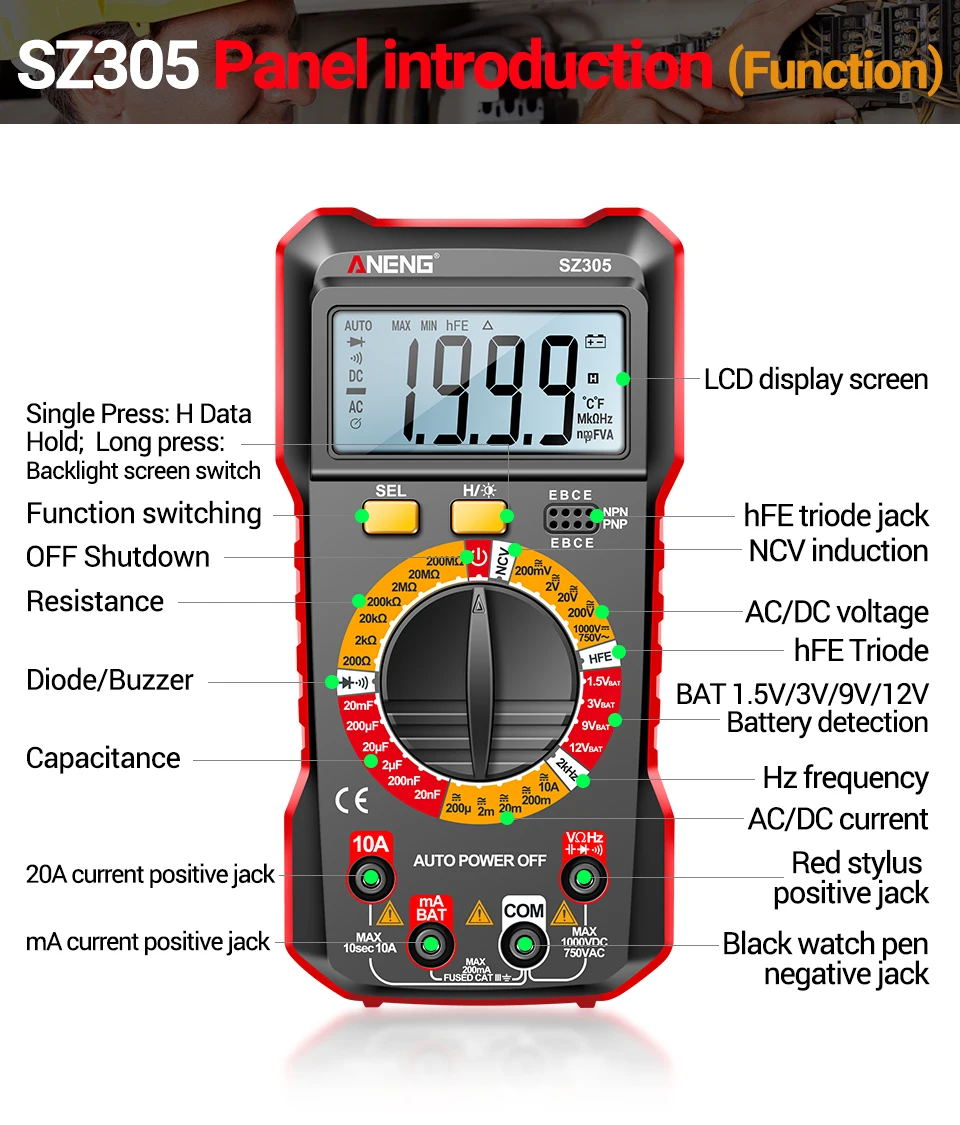 ANENG SZ305 Digital Multimeter Professional AC/DC Voltage Ammeter Capacitor HFE Triode NCV Voltage Induction Electrician Tester