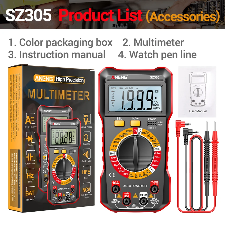 ANENG SZ305 Digital Multimeter Professional AC/DC Voltage Ammeter Capacitor HFE Triode NCV Voltage Induction Electrician Tester